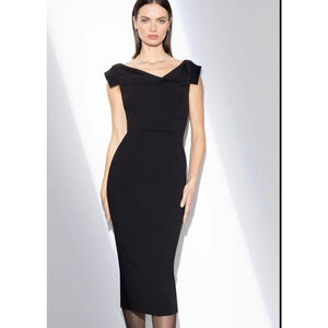Black Halo Jackie O Off-Shoulder Cowl-Neck Midi Sheath Dress Size 6 — NWOT